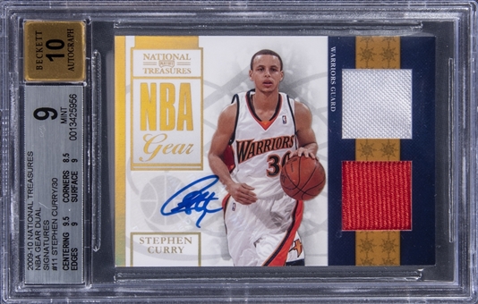 2009-10 Panini Playoff National Treasures "NBA Gear" #11 Stephen Curry Signed Dual Jersey Rookie Card (#23/30) - BGS MINT 9/BGS 10